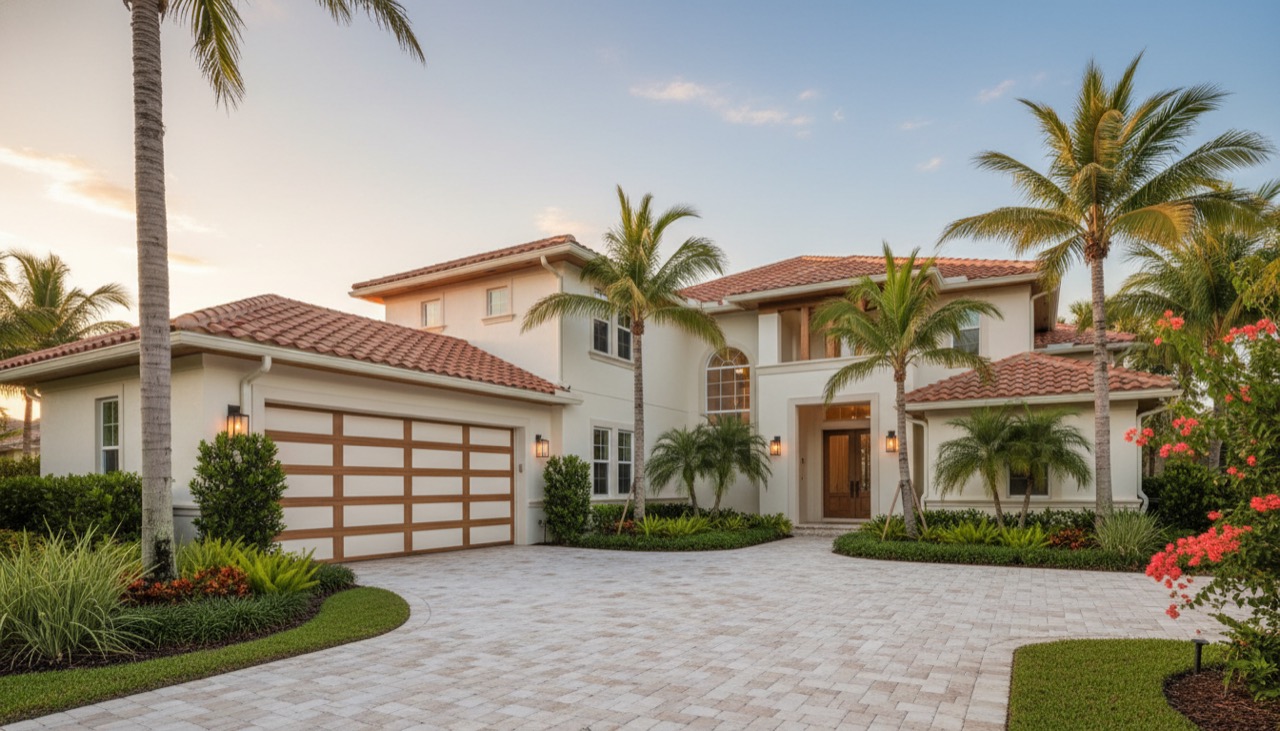 An upscale Southwest Florida home with a Door Doctor garage door at golden hour