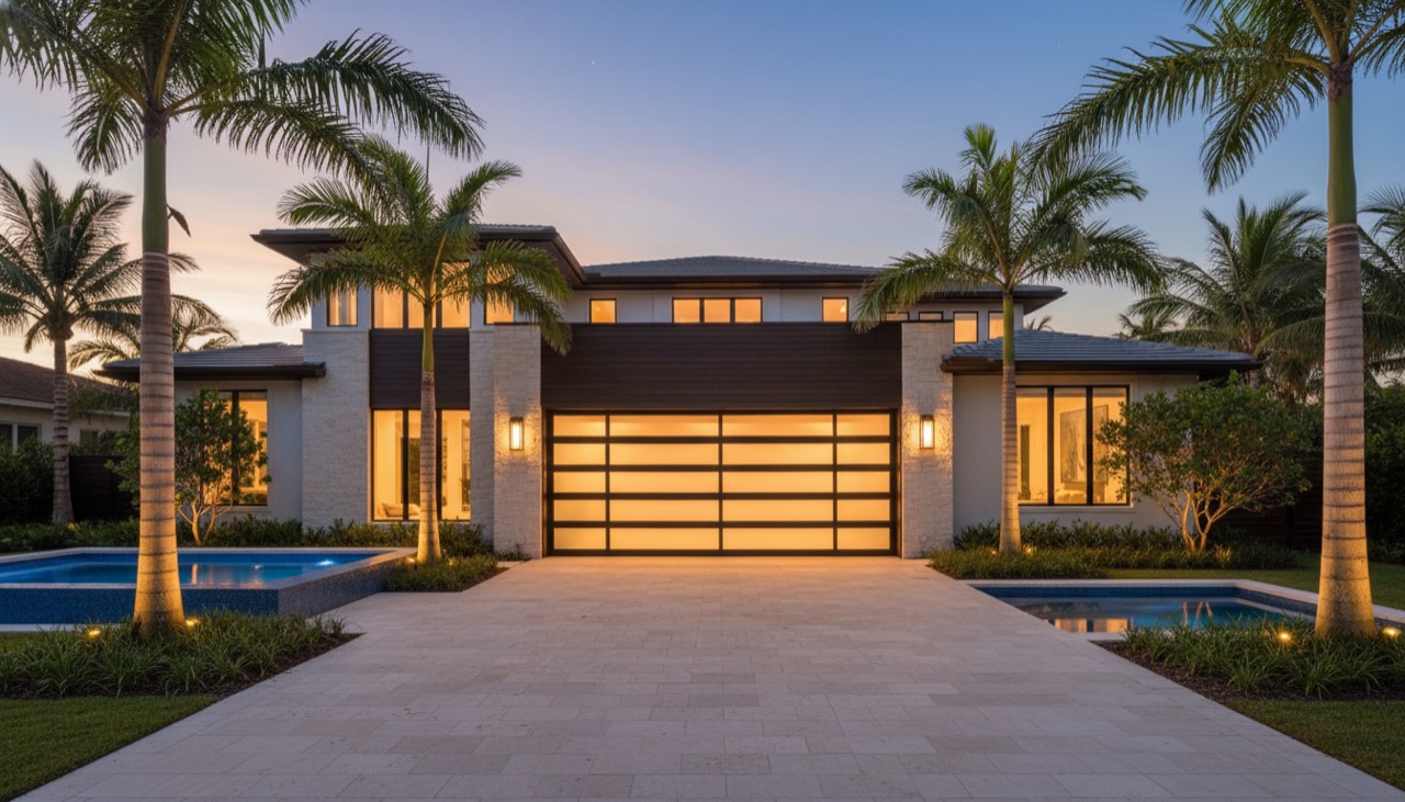A waterfront Cape Coral home with a full-view glass garage door by Door Doctor