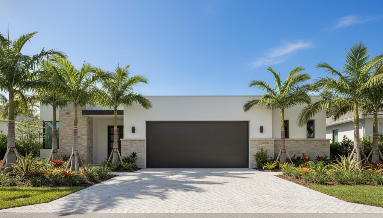 A contemporary Bonita Springs home with a modern Door Doctor garage door