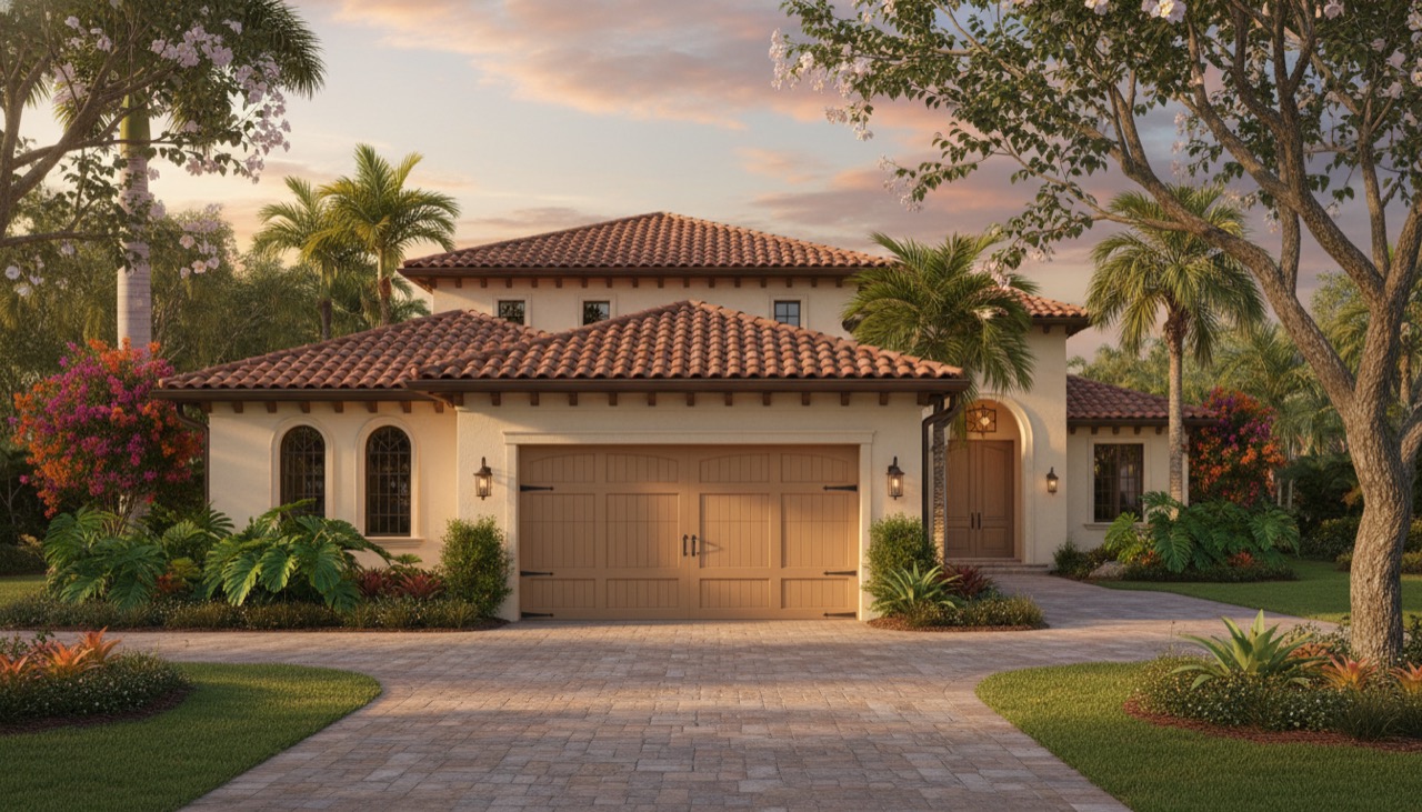 A Mediterranean-style Marco Island home with a Door Doctor carriage-house garage door