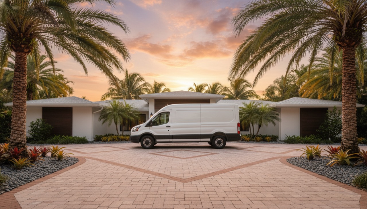 A Door Doctor service van at a Southwest Florida home for 24/7 emergency garage door service