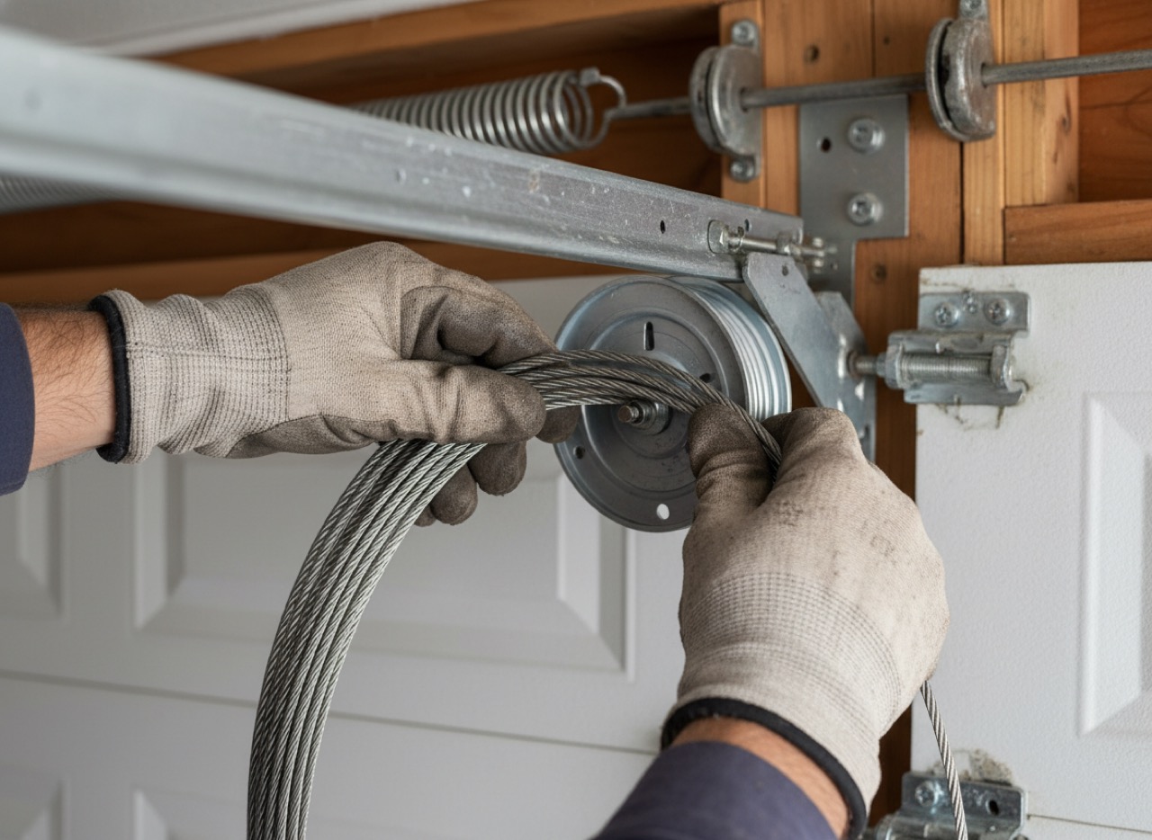 Close-up of a Door Doctor technician installing a new galvanized garage door cable
