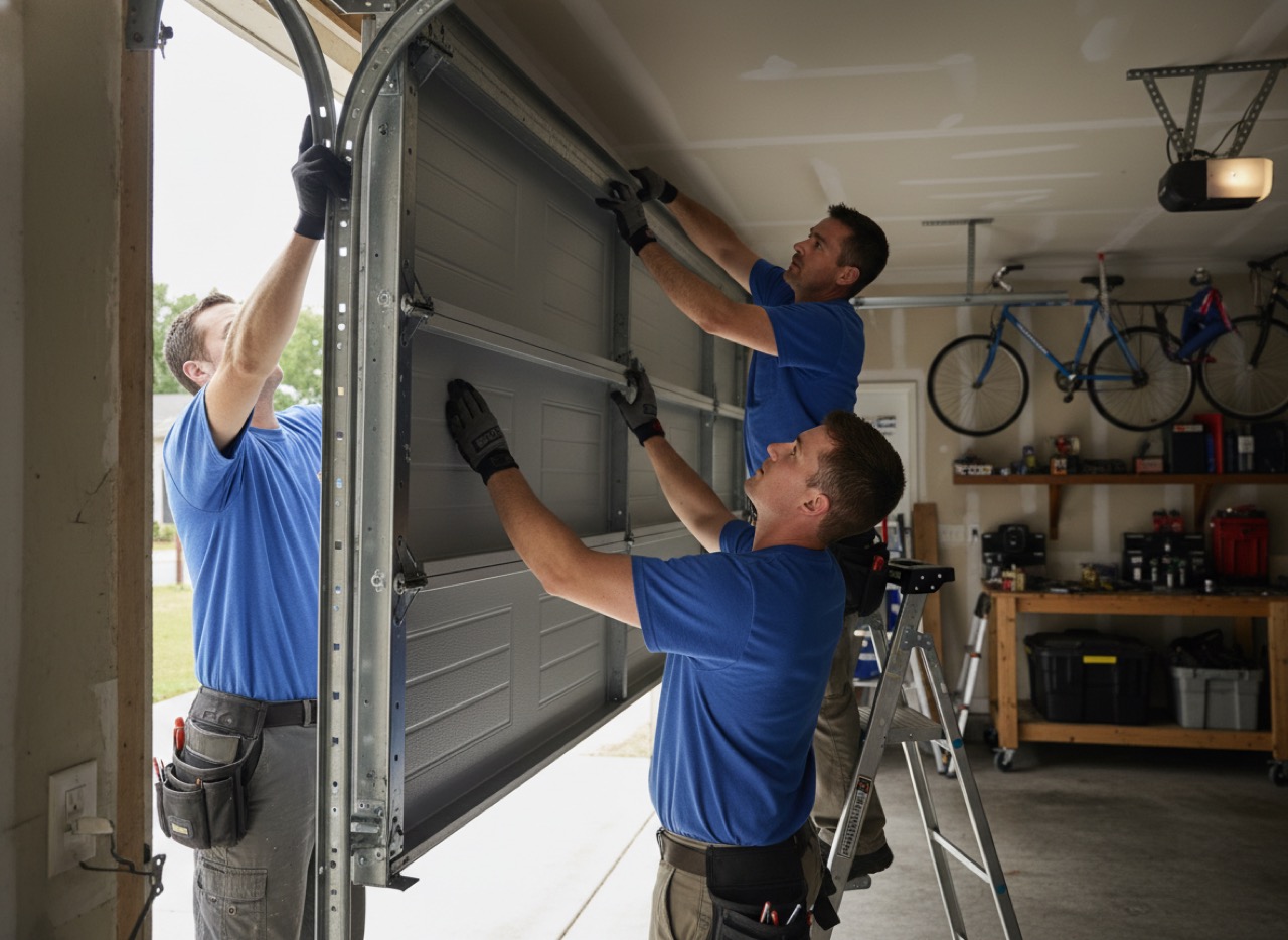 A Door Doctor technician installing an impact-rated garage door in Charlotte County