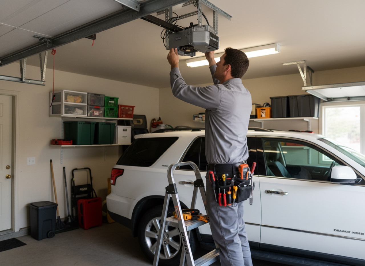 A Door Doctor technician servicing a garage door opener motor