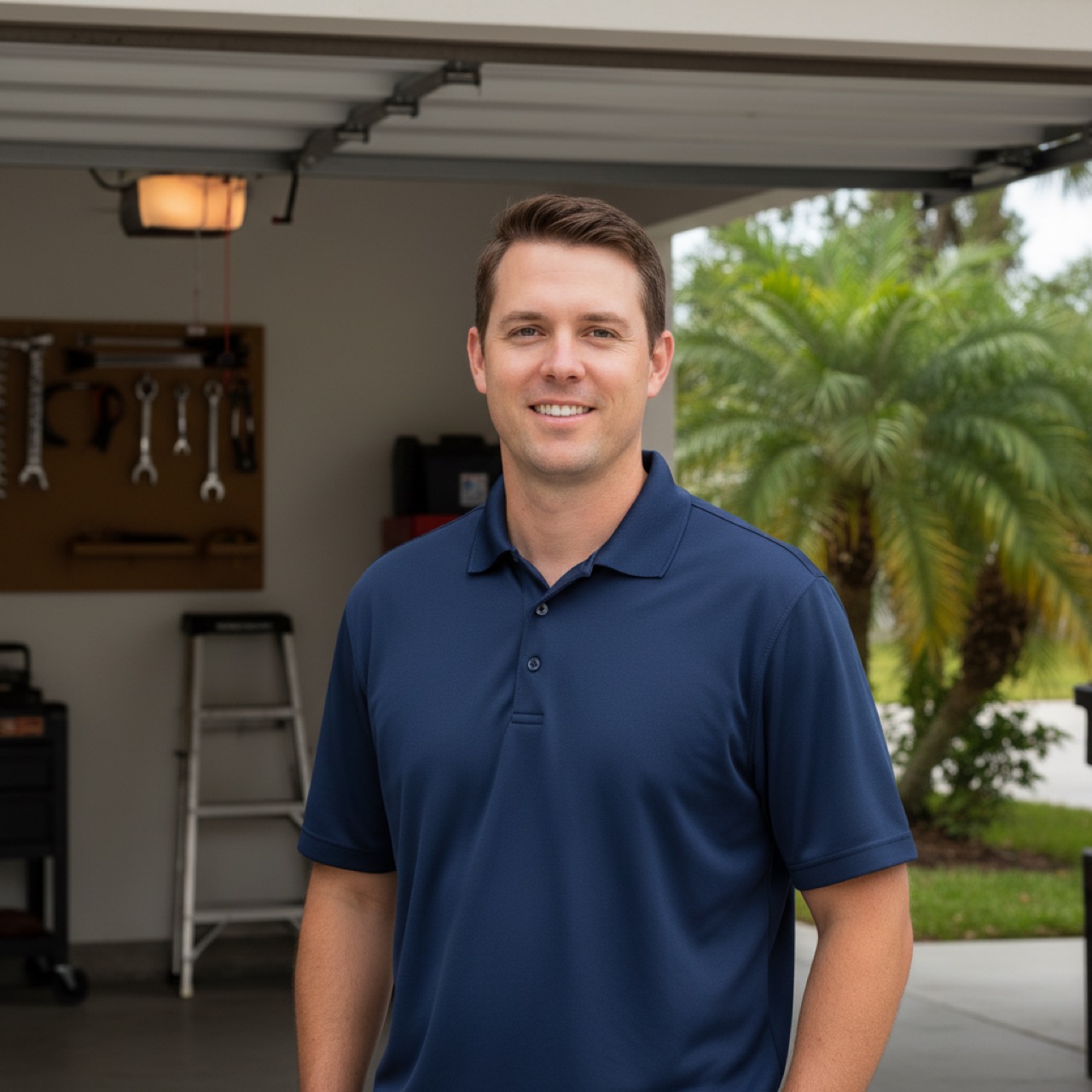 A friendly Door Doctor garage door technician in front of a Southwest Florida garage