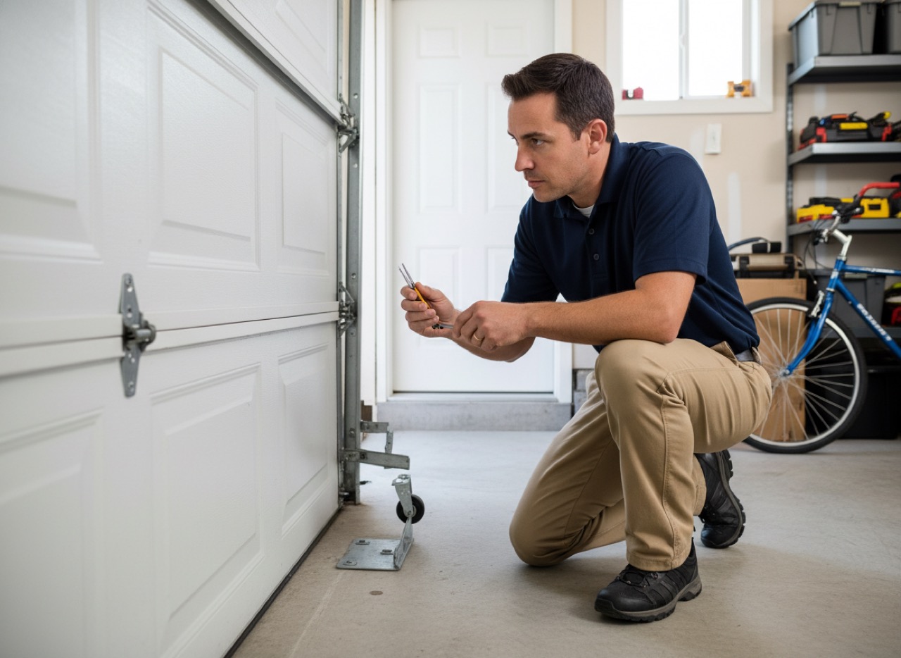 A Door Doctor technician diagnosing a residential garage door in Southwest Florida