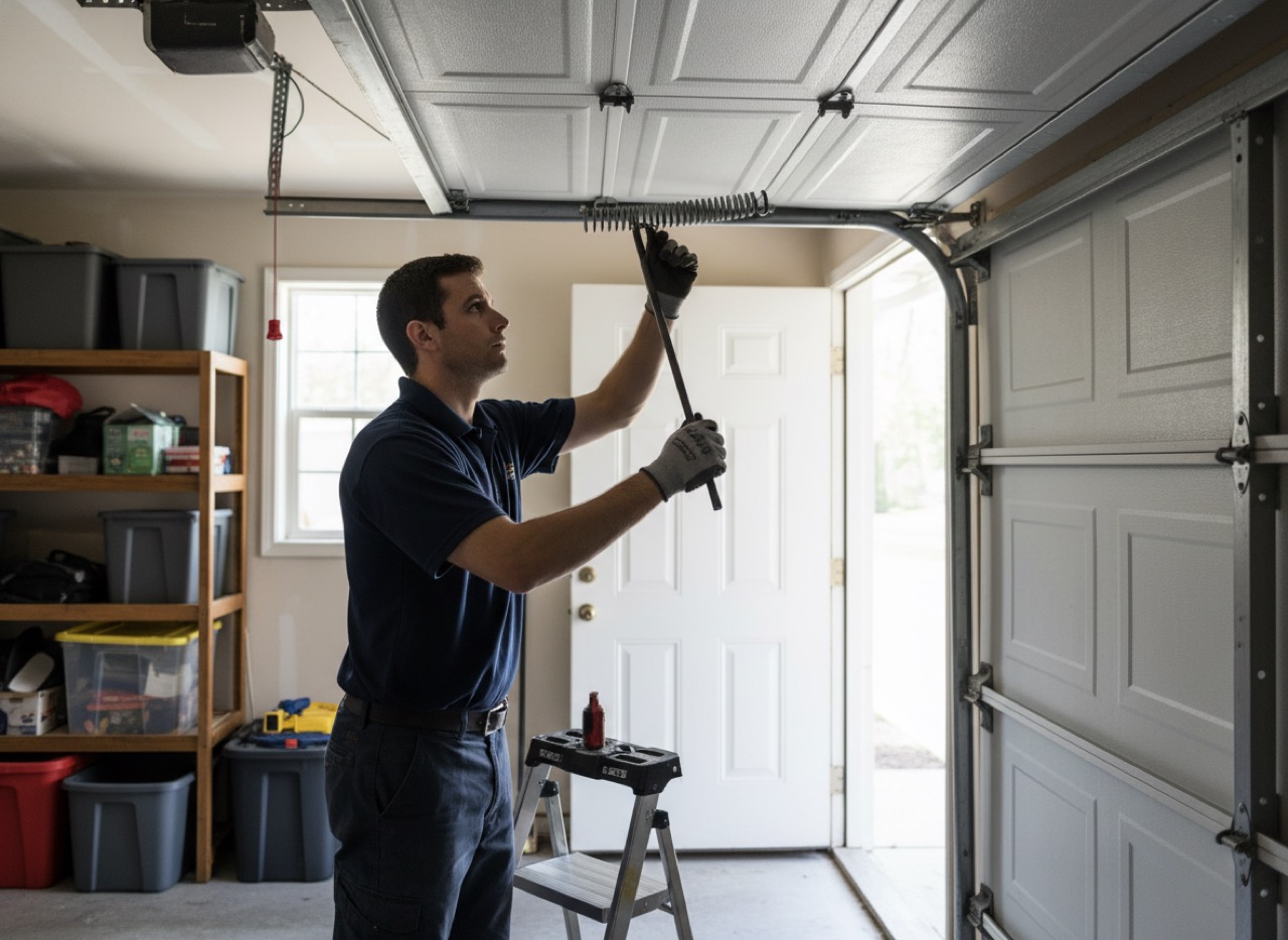 A Door Doctor technician replacing a broken garage door torsion spring in Southwest Florida